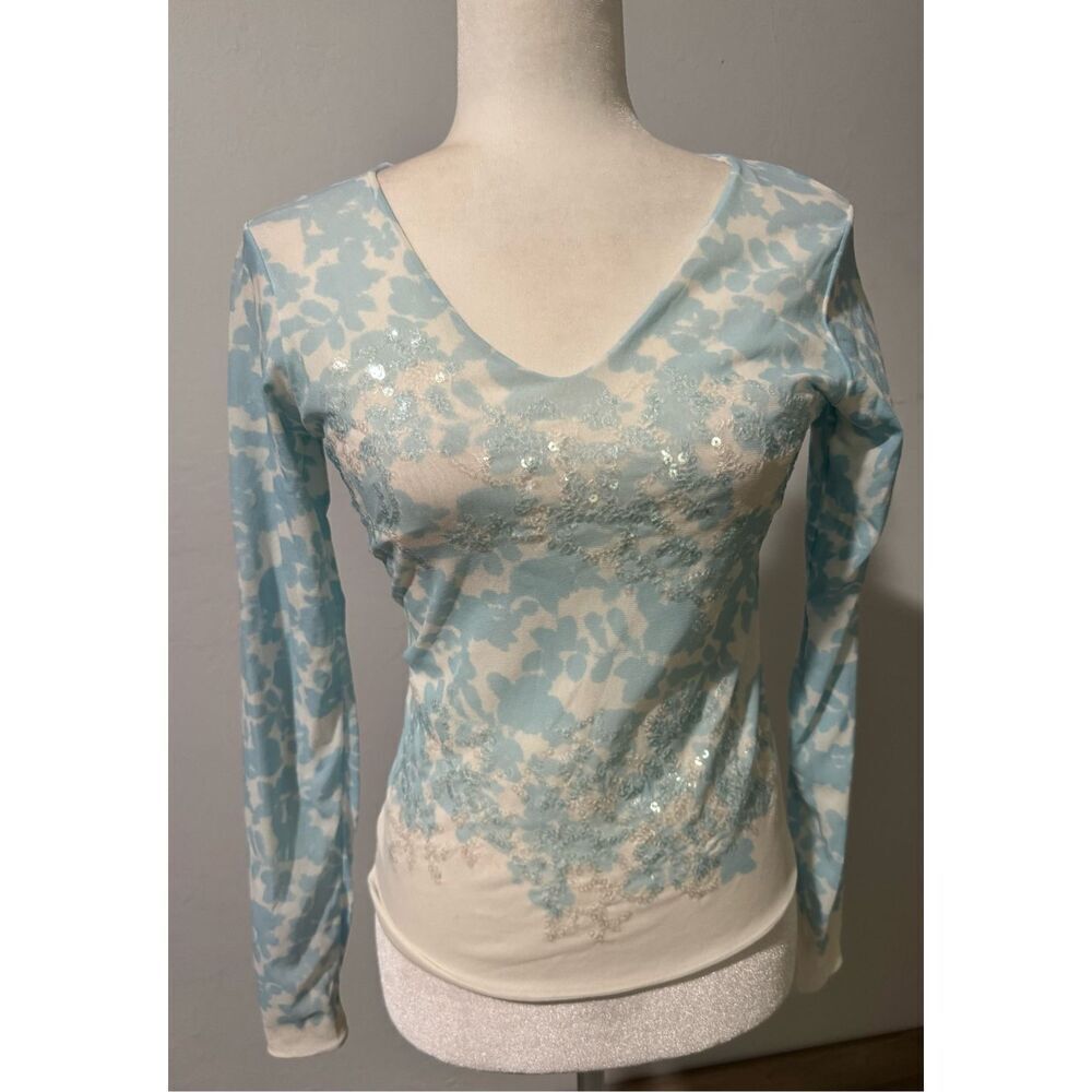 Les Copains Embellished long sleeve sheer light fitted Top v neck size 40 Y2K vi